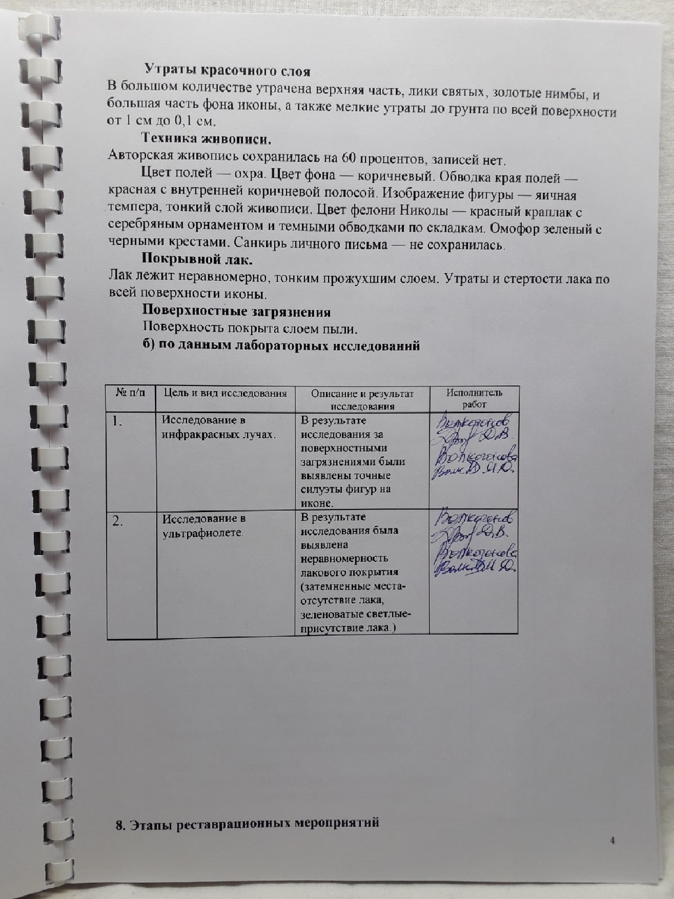 Страница из Паспорта реставрации иконы 